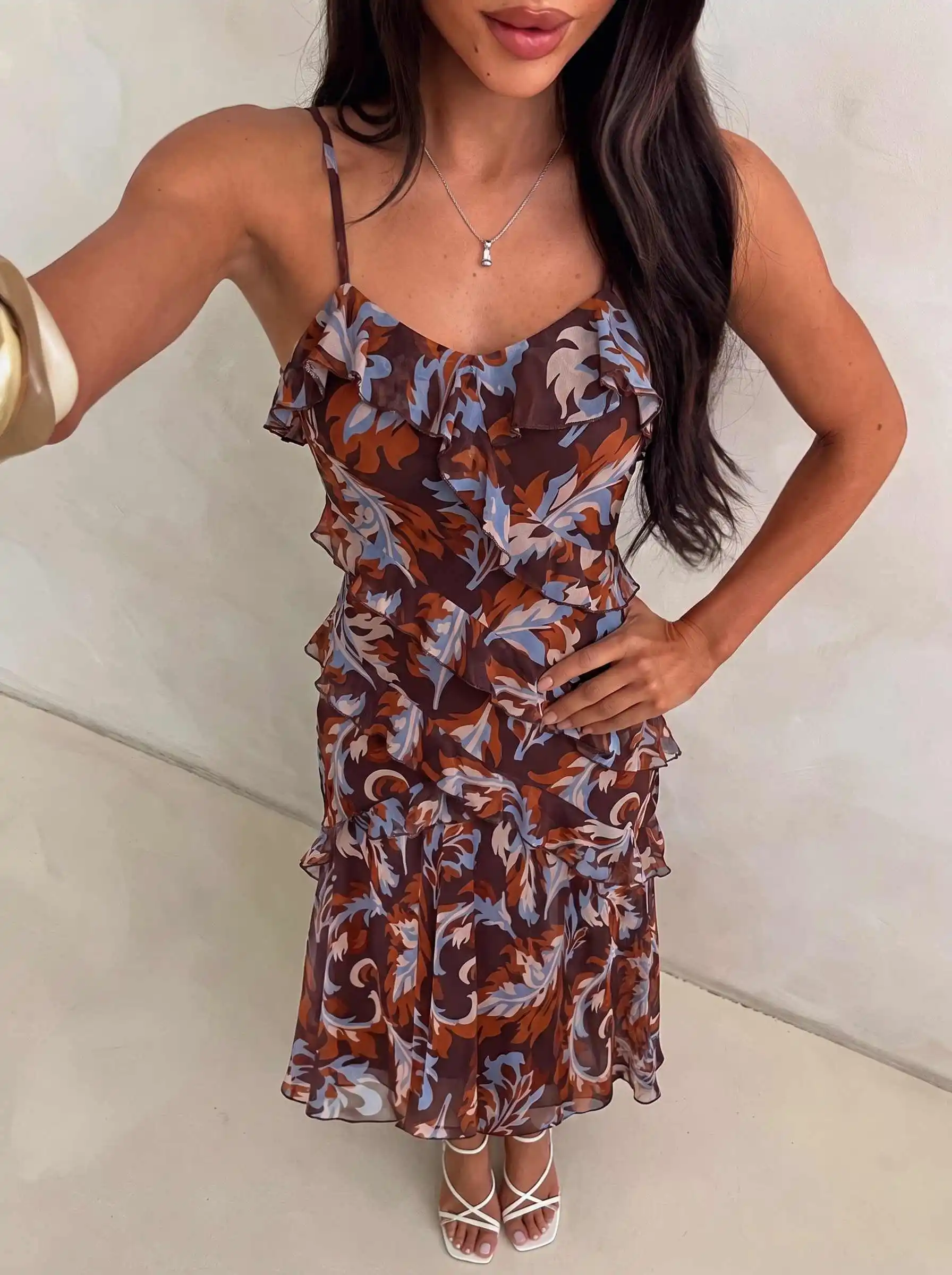 Damen Aquarell-Rosen-Print Cami-Kleid mit Rüschen, Chiffon-Midikleid, Spaghettiträger, fließendes Kleid für Urlaub, Strandparty, Ferien – Detail 29