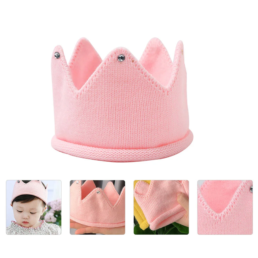 

2Pcs Crown Knitted Hat Baby Girls Toddler Birthday Party Cap Lightweight Soft Knit Crown Cap Baby Shower Decoration