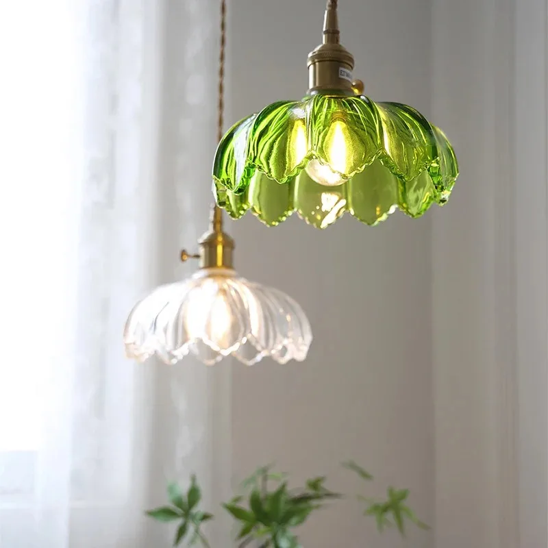 Nordic Green Glass LED Hanging Lamp Home Decor Indoor Lighting Copper Switch Bedroom Living Room Modern Pendant Light