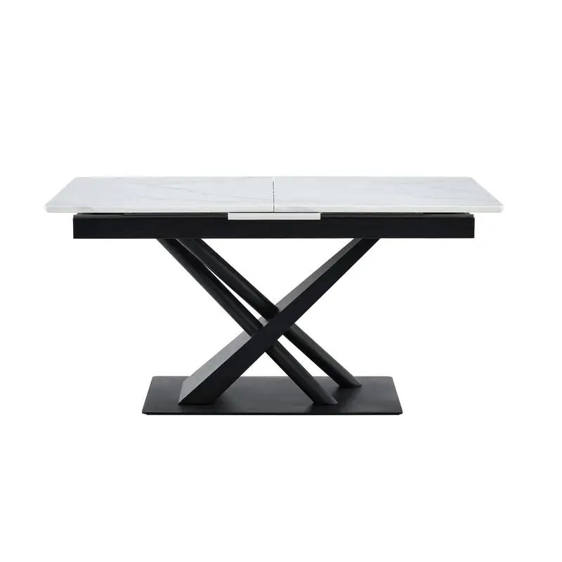 طاولة طعام حديثة مع سطح قشرة MDF من الرخام الأبيض وأرجل معدنية بإطار X هندسي، قاعدة قوية للمطبخ المعاصر أو #5