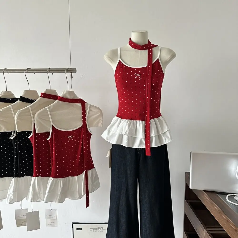 

Simple Dots Strap Skinny Vest Tops Tanks Tops T-shirt Bra with Pads Camisole Beauty Back Women's Top Y2K Slim Crop Top Beach