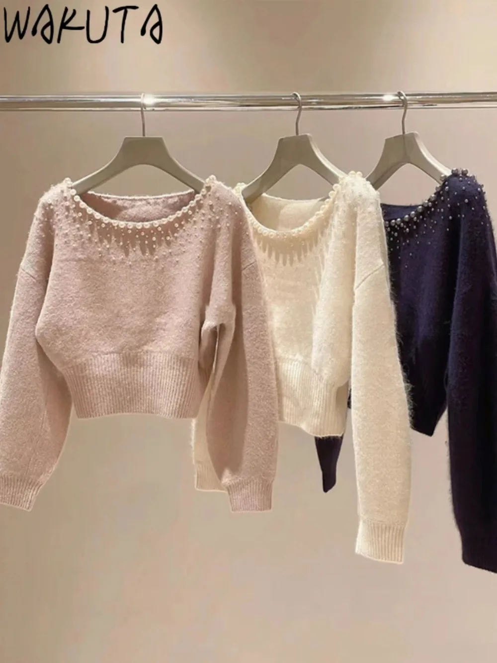 Wakuta Slash Neck Batwing Sleeve Sweet Jumper Fresh Solid Shoulder Strapless Casual Pullovers Japan Knit Moda Pearl Sweaters