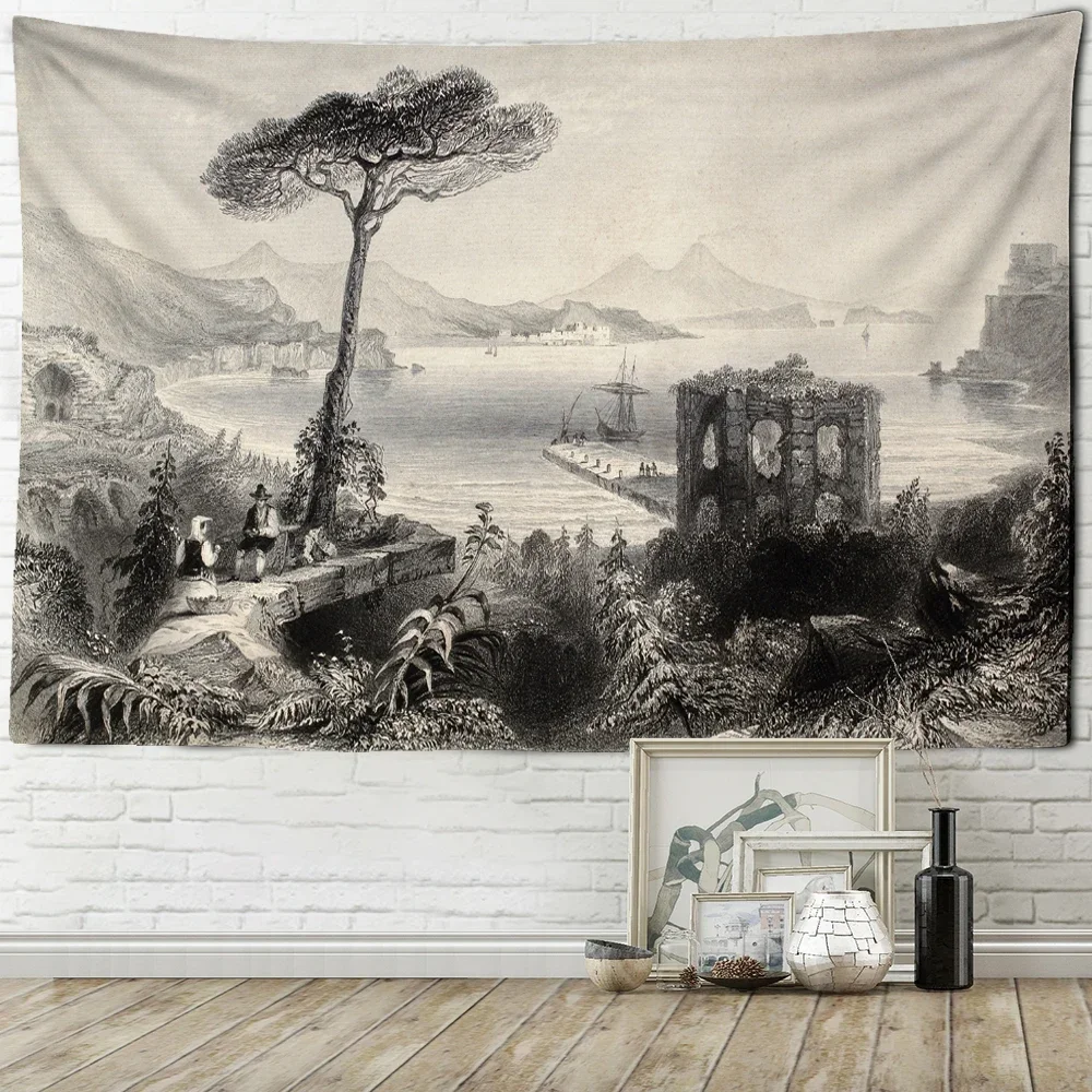 Vintage Room Decor Tapestry European Port Black and White Wash Painting Wall Hanging Home Living Room Dorm Bedroom Decoration