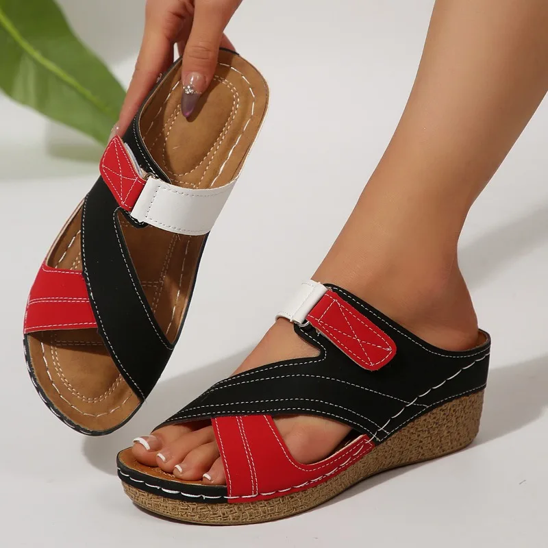 

2025 Arch Support Women'S Orthopedic Slippers Wedge Hollow Color Block Casual Minimalist Strappy Shoes Thick Sole Beach Sandals