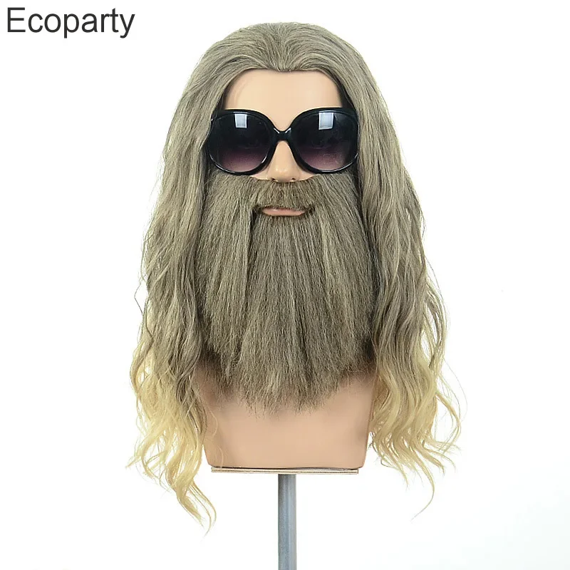 New Halloween Men's Gandalf Thor Cosplay Wig Brown Silver Synthetic Long Curly Hair With Bearded Carnival Party Costume Wig