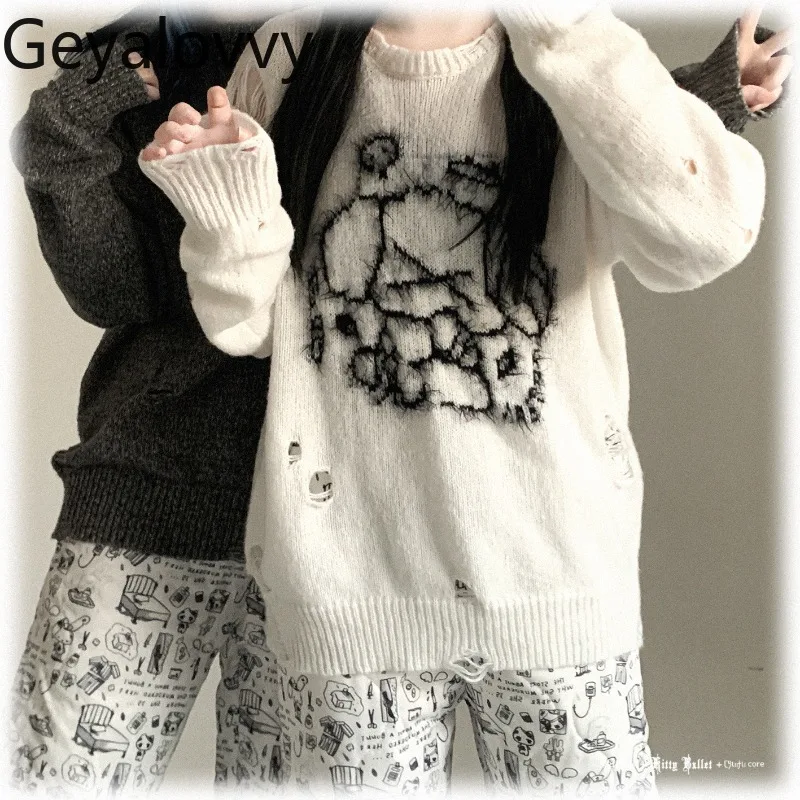 

Autumn Winter Sweet Girls Versatile Round Neck Long Sleeve Knitted Pullover Loose Original Pattern Distressed Base Sweater