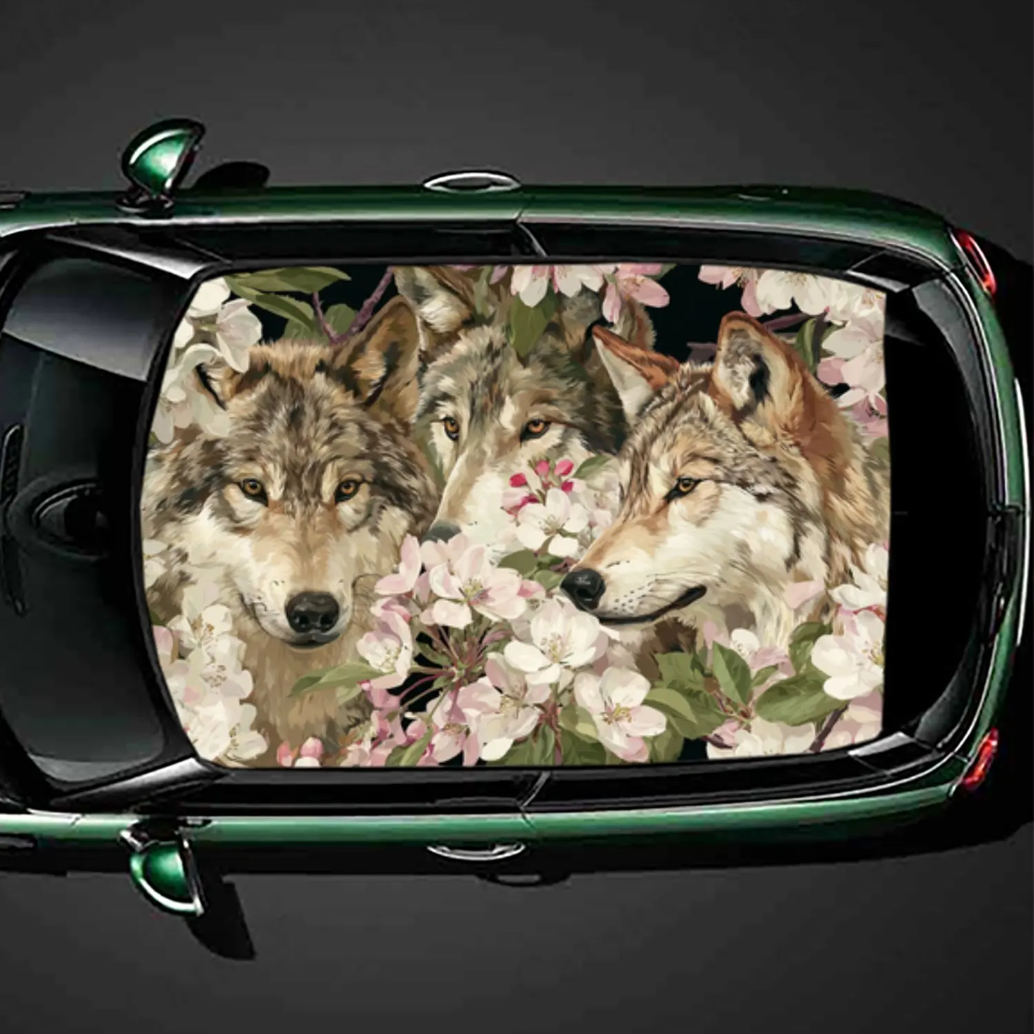 

Cool Pink Flower and Wolf Car Roof Vinyl Wraps Sticker, Auto Decal, Artistic Vehicle Decoration, Self-adhesive Waterproof Car Ex