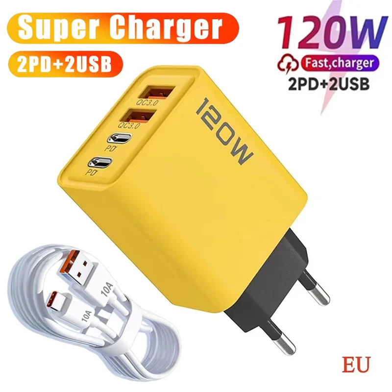 120W 4-port USB Type-C Charger Fast Charging Data Cable USB Phone Charger Adapter For Xiaomi Samsung iPhone Huawei Wall Charger