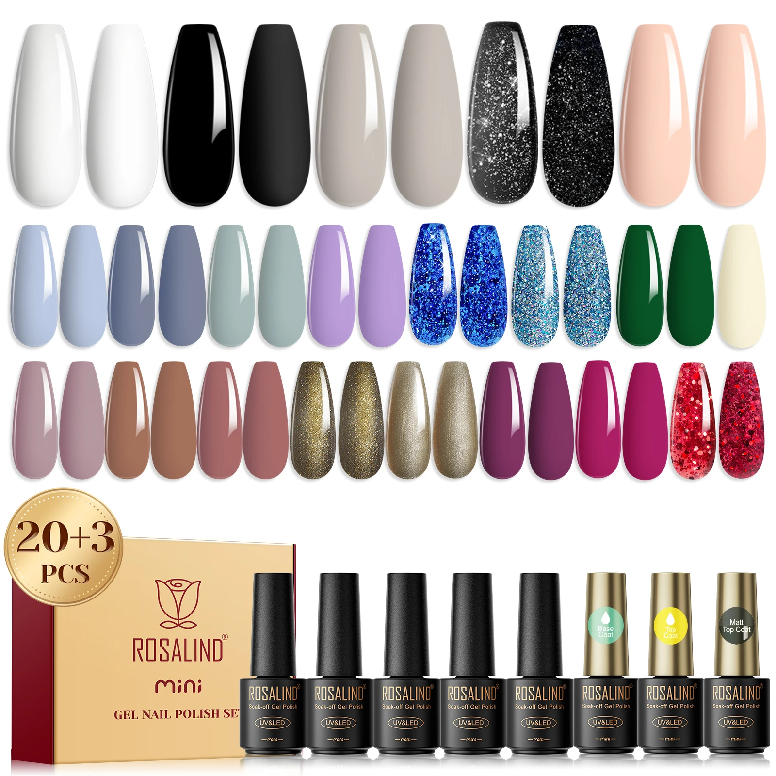 

ROSALIND 5ml Nail Gel Set-20 Colors Gel Nail Polish with Base Matt Top Coat Soak Off Semi Permanent Gel Varnishes Nail Beauty