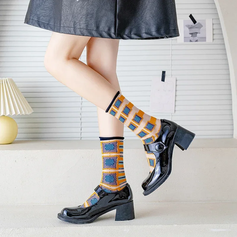 New Fashion Woman Socks Novelty Harajuku Summer Crystal Silk Socks Animal Cartoon Cute Print Ultra-thin Transparent Long Socks
