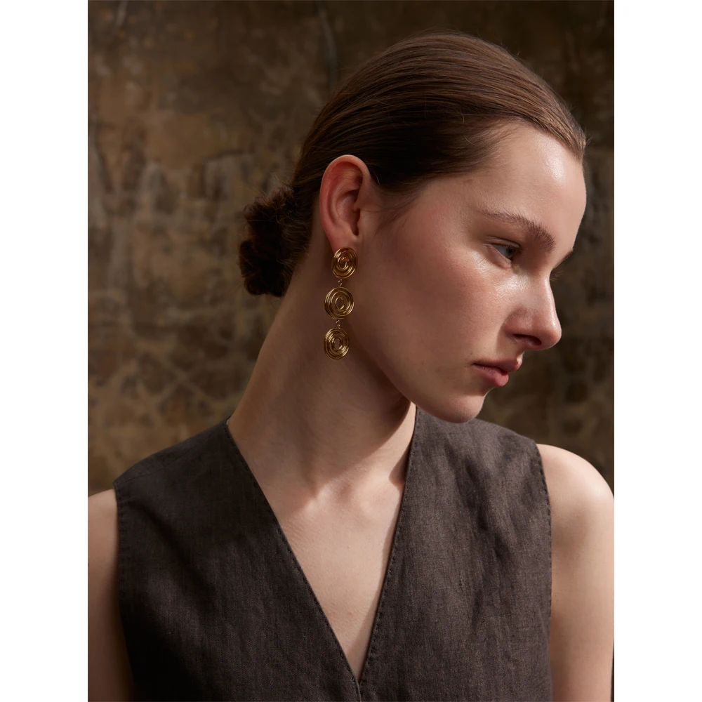 Yhpup Popular Stainless Steel Round Hollow Long Drop Earrings for Women Rust Proof Daily Charm Statement Jewelry Waterproof Gift