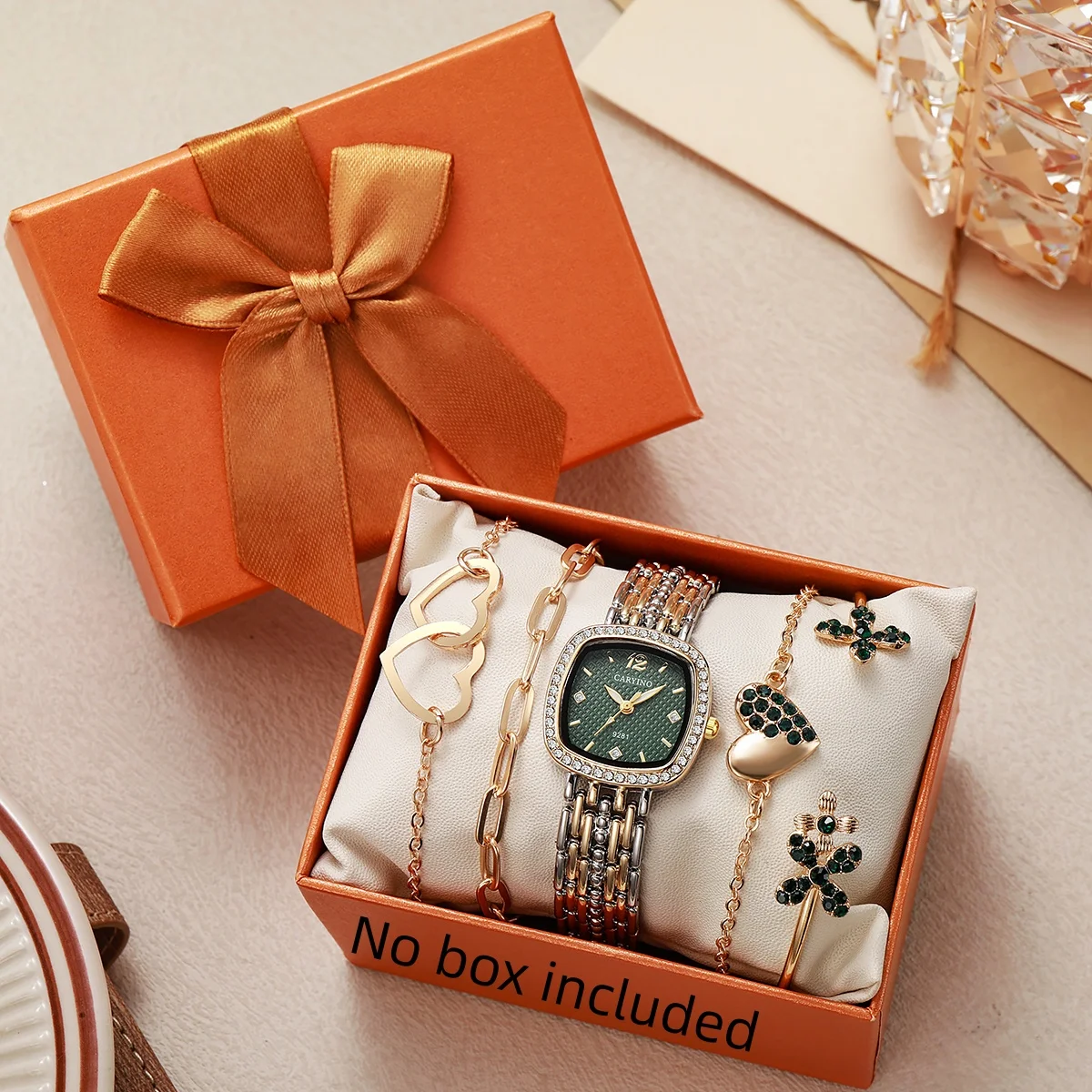 

Женские квадратные кварцевые часы с зеленым диском и бриллиантами, браслет с элементами любви, набор из нескольких предметов, подходит для свиданий, покупок