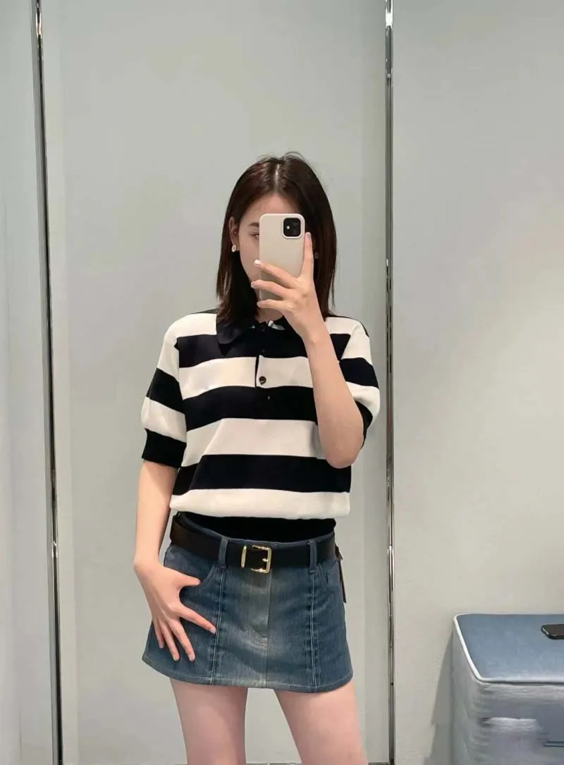 

College style women's sweater fashionable, exquisite, loose, slimming, energetic striped knitted polo shirt top