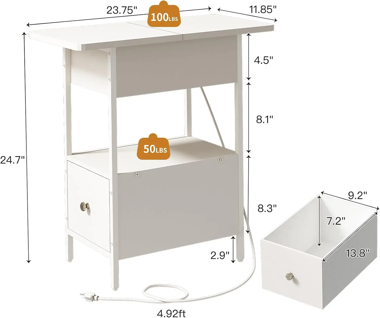 Table de bout avec station de charge, table d'appoint étroite avec meuble rabattable et tissu MEL, table de chevet pour petits