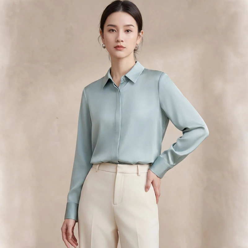 19MM 100% Silk Shirt for Women Mulberry Silk Long Sleeve Square Collar Loose Satin Sand-Washed Blouse Plus Size Women's Clothing