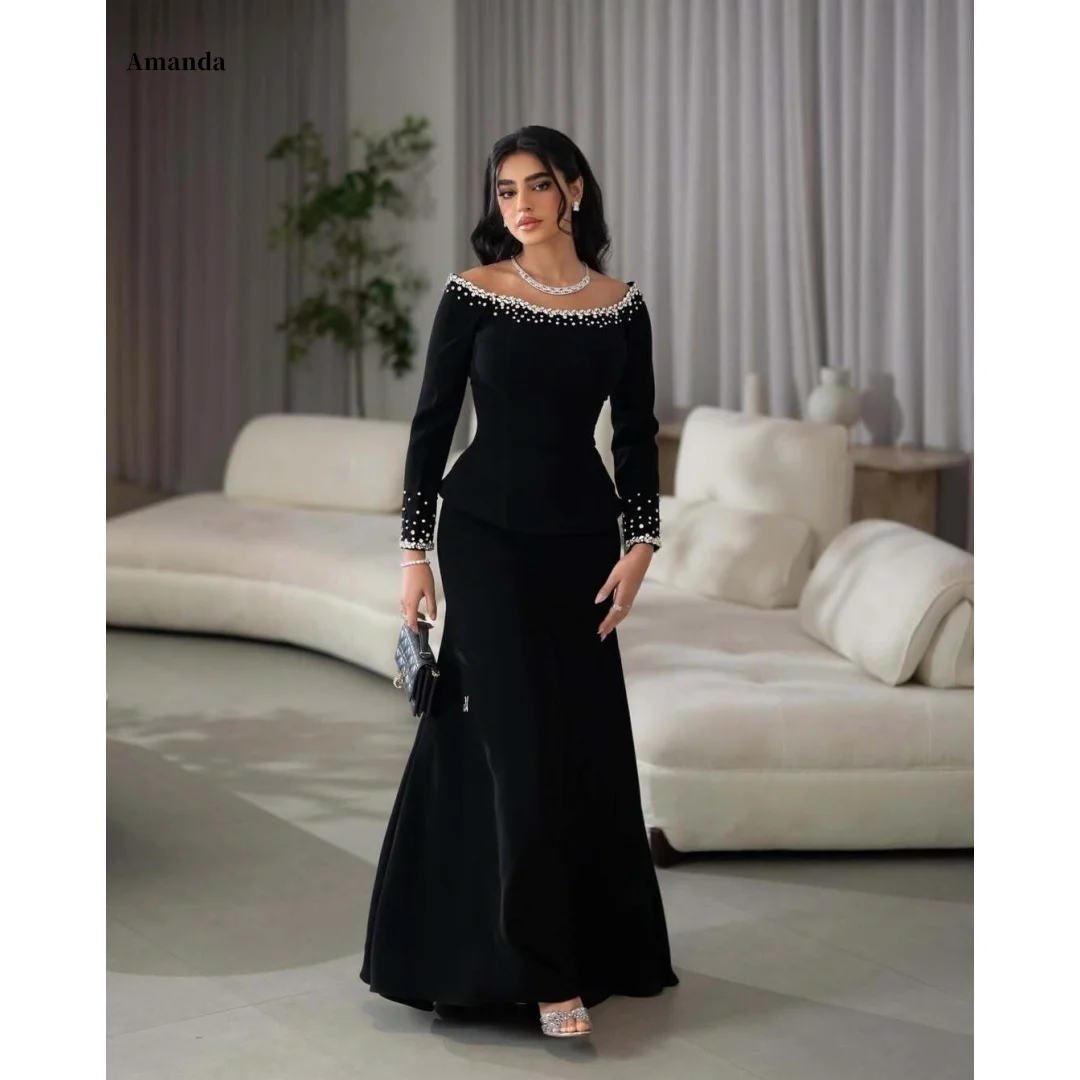 

Amanda Black Off-Shoulder Long Sleeve Pearl Embellished Customized Formal Evening Mermaid Floor-Length Gown vestidos de gala