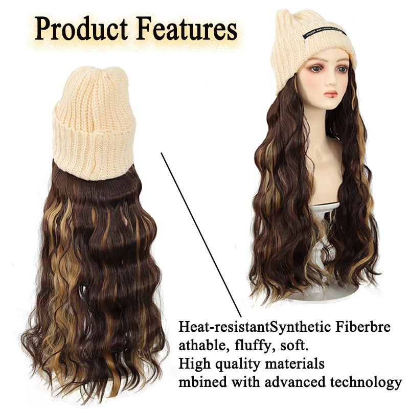 Hat, wig, letter knitted hat, long water ripple, curly hair, integrated synthetic fiber, dyed wig