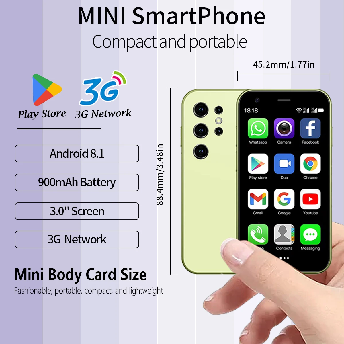 Soyes Mini-24， 3-inch Android smartphone, 3GB RAM, 32GB storage, 3G network, dual SIM support for Google Play, (multiple colors)