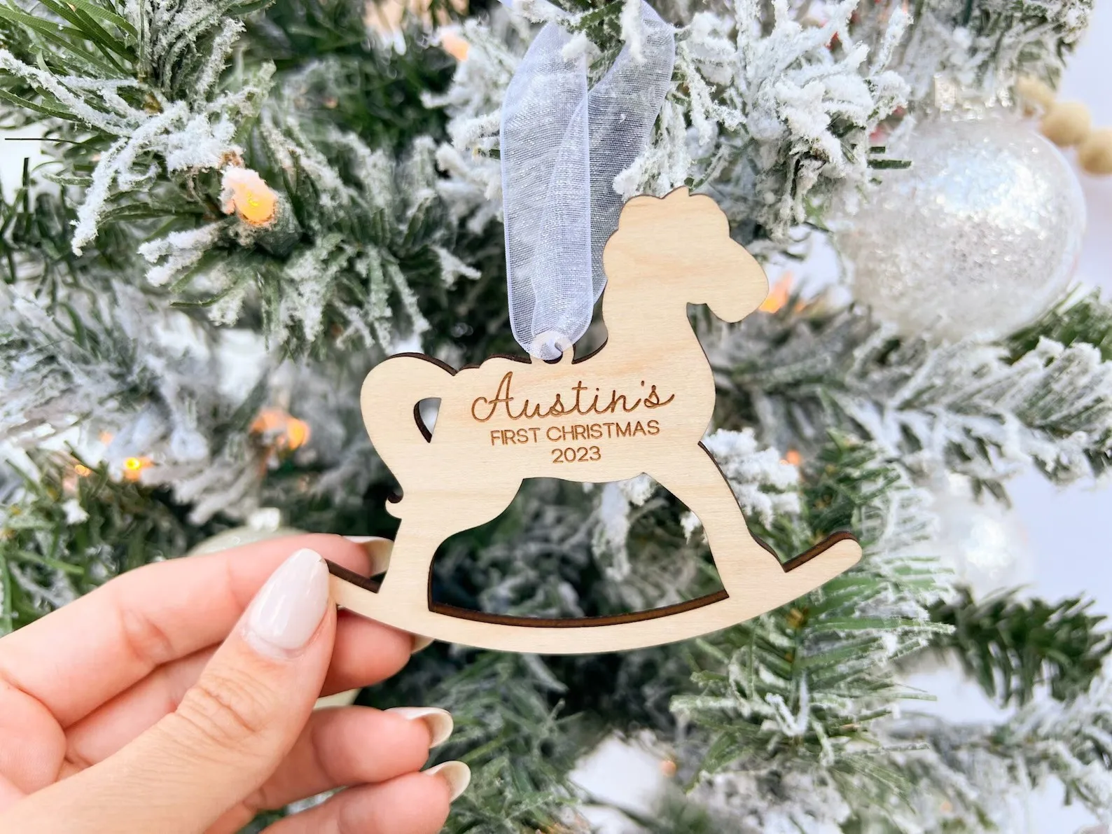 My First Christmas 2024, Personalised Babys First Christmas Ornament,Engraved Rocking Horse Ornament, New Baby Gift Tag