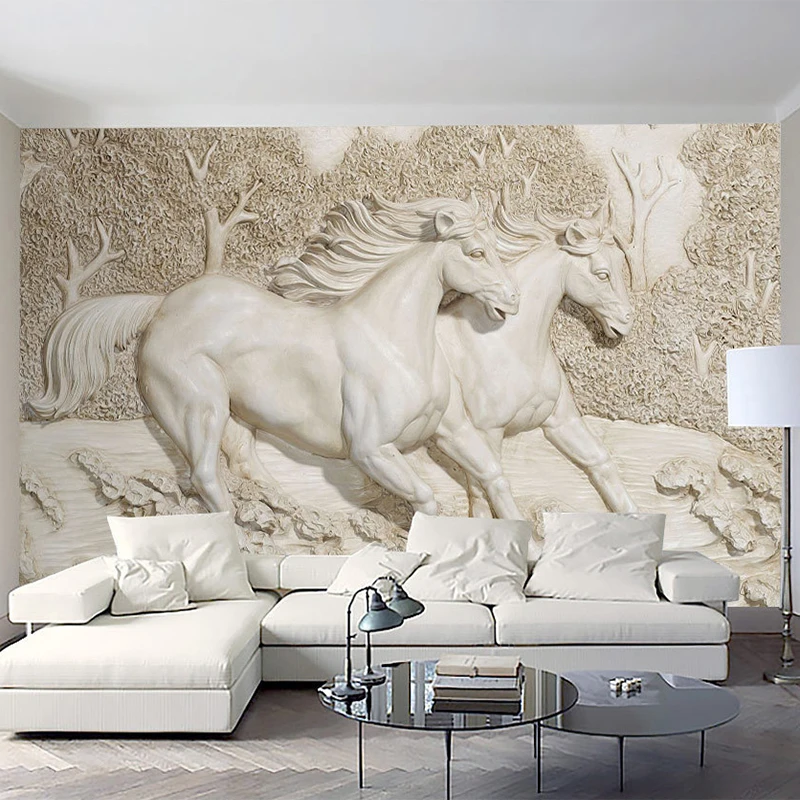 Papel tapiz Mural personalizado 3D, murales de foto de caballo blanco en relieve, sala de estar clásica, Fondo de TV, decoración del hogar, pinturas de pared