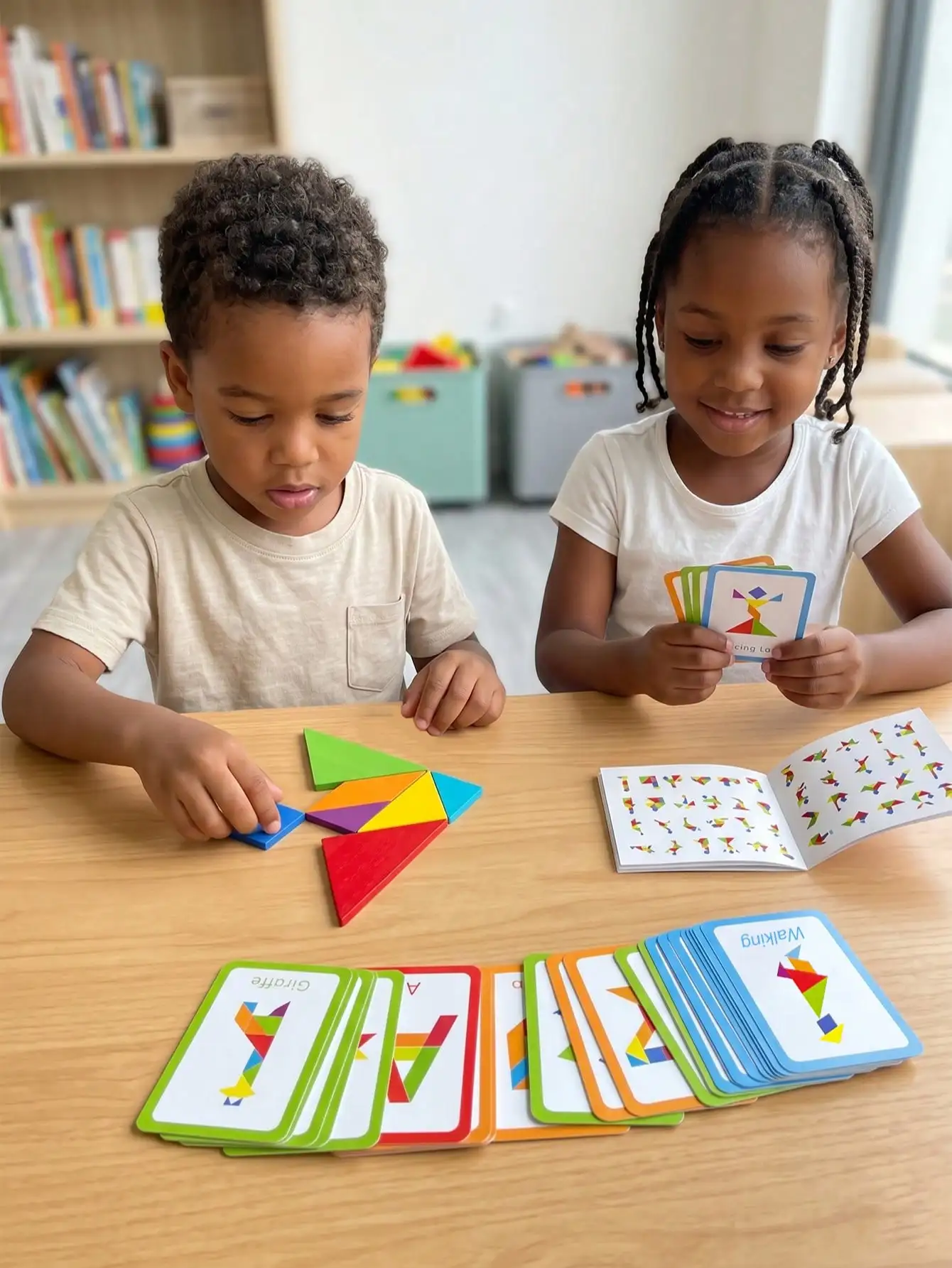 67pcs Wooden Tangram Puzzle Set, Includes 60 Double-Sided Cards, STEM Toys, 7pc Colorful Geometric Pattern Building Blocks Suitable For 3-6 Years Old Kids Children, Educational Toys; Travel Toys; Quiet Toys; Sensory Toys; Birthday Gift