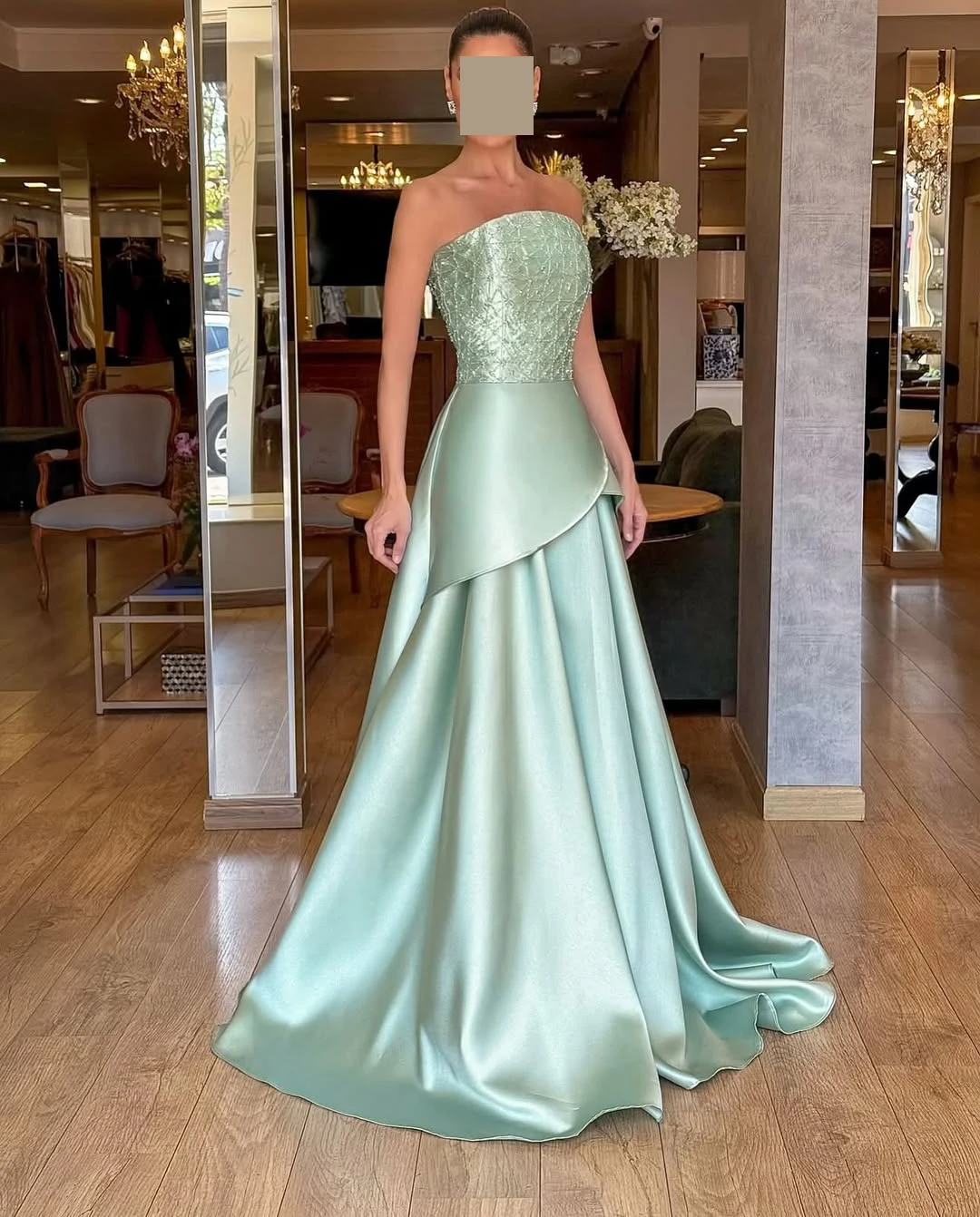 

QR Customized Elegant Luxurious Women Evening Dresses Strapless A-line Beads Zipper Floor Length Satin Prom For Occasions