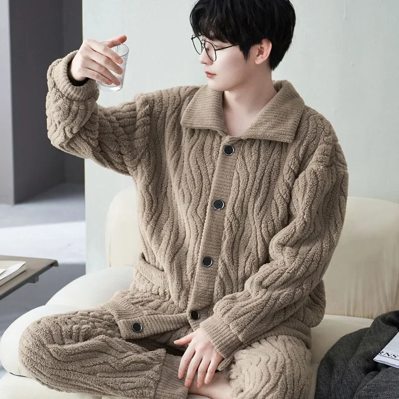 New Pajamas Men's Autumn and Winter Thick Plush Flannel Loungewear Oversized Loose Fitting Homewear Warmth Two Piece Sleepwear