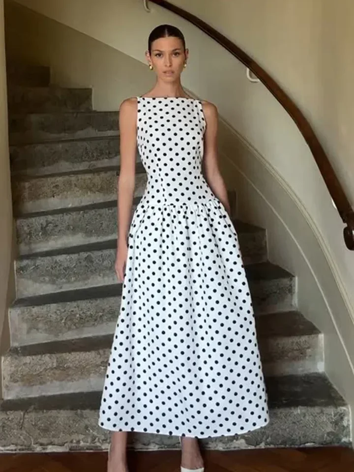 Women Polka Dot Print Maxi Dress Elegant Sleeveless Round Neck A-line Party  Long Vestidos 2025 Lady Casual Fashion Robes New - AliExpress 200000345