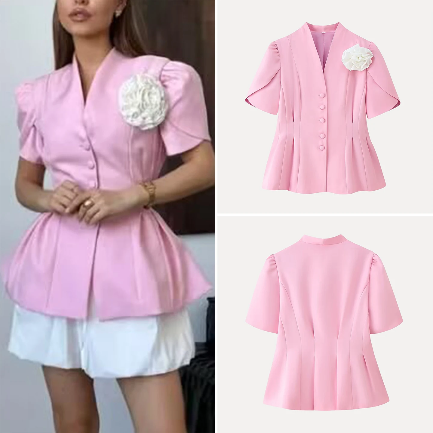 

Faionable Handmade Floral Waist-Cinching ort Sve Suit Top Women's Commute Sle Slim Fit Pure Polyester Fiber V-ne