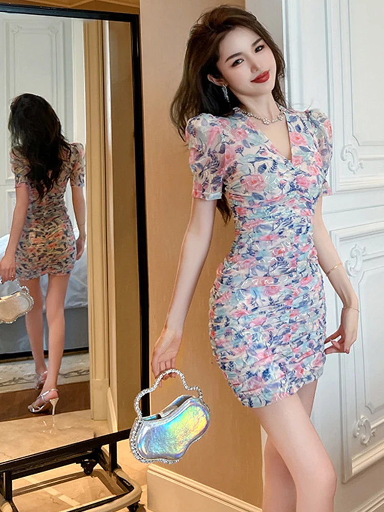 Summer Women Mini Dress Elegant Sweet Sexy Flower Mesh Short Sleeve Bodycon Skinny Wrap Hip Gown Party Vacation Vestidos Mujer