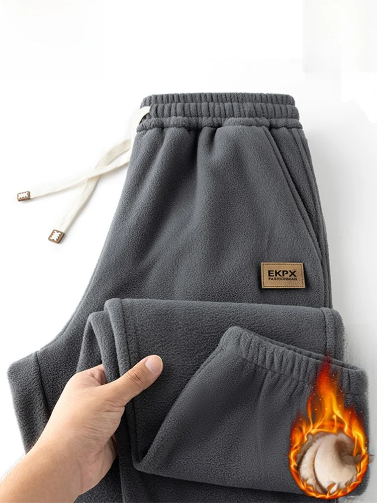 

Paul Thickened Double-sided Fleece Men's Pants Korean Style Slim Fit Warm Fleece Long Trousers Casual Loose Fit Polyester Fiber