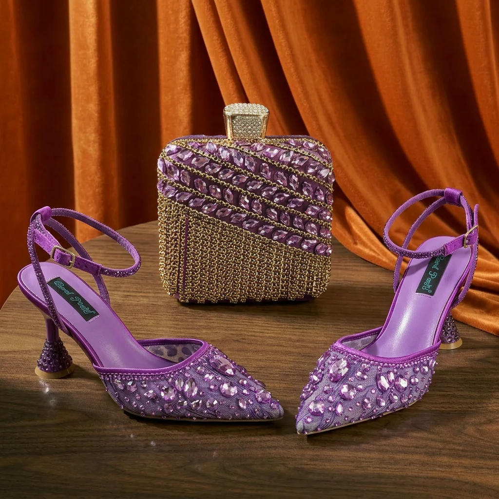 Shiny Purple Color Shoes and Bag Elegant Handbags and Medium Heel Shoes Beautiful Handmade Shoes for Wedding Party