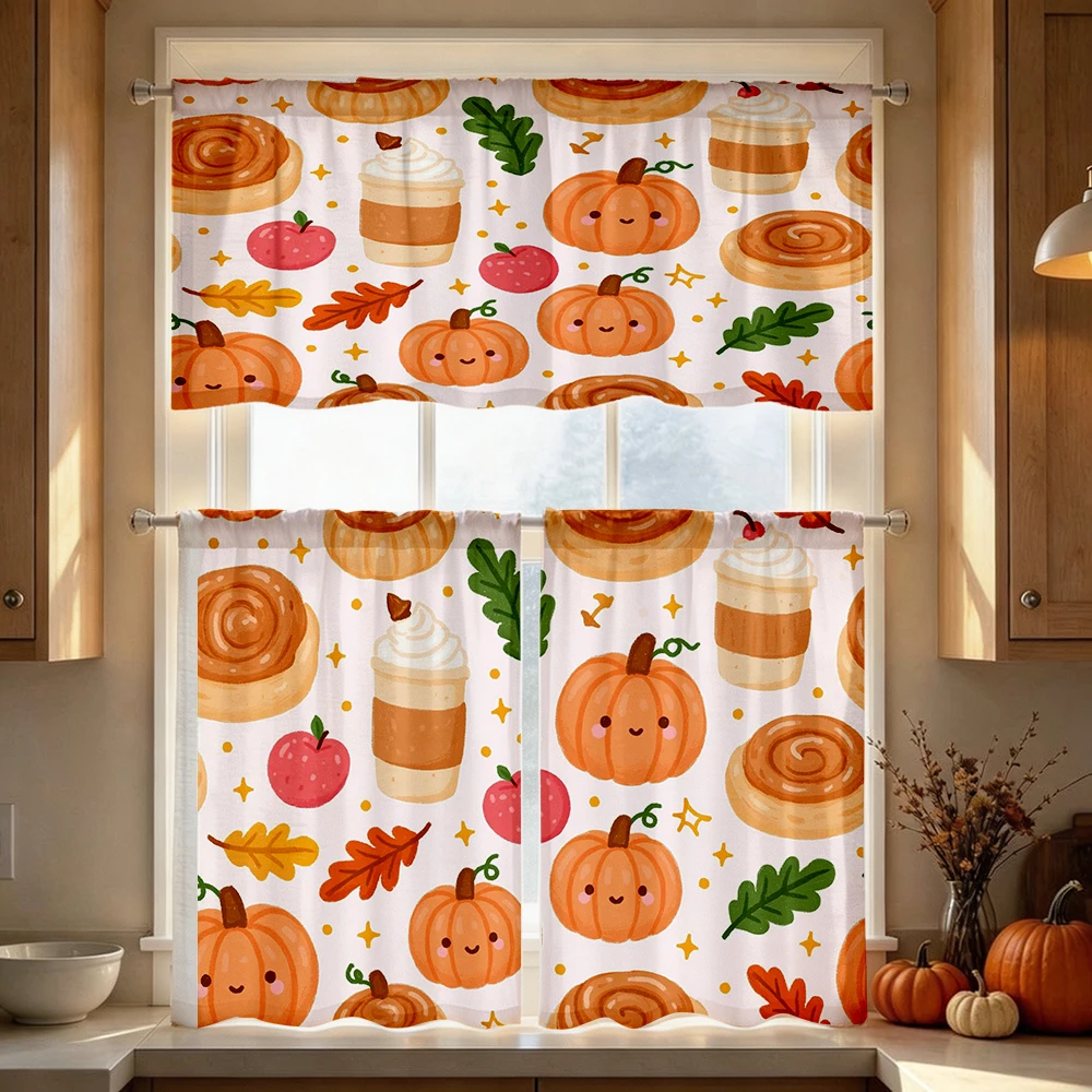 Thanksgiving Fall Kitchen Curtains, Cute Pumpkin Coffee, Digital Print, Kitchen Dining Room, Rod Pocket Polyester, Home Decor
