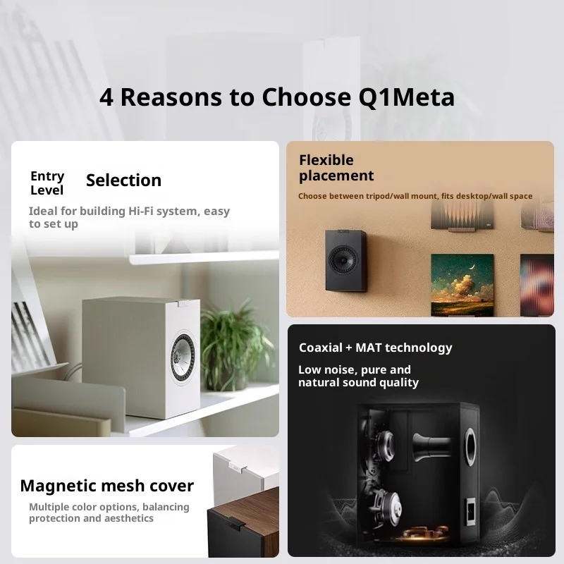 مكبر صوت KEF Q1 Meta Passive Bookshelf، محوري، للاستخدام المنزلي، شكل مدمج، جودة صوت HiFi، اتجاهين، عالي الدقة
