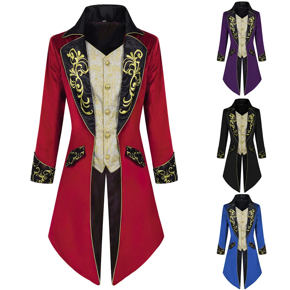 Men Steampunk Medieval Jacket Gothic Victorian Frock Coat Halloween Holiday Party Wear Casual Solid Color