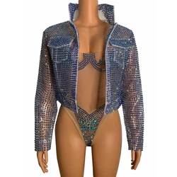 Women Sparkly Crystals Evening Party Celebrate Birthday Bodysuit Set Sexy  Mesh Transparent Shiny Coat Stage Show Clothing