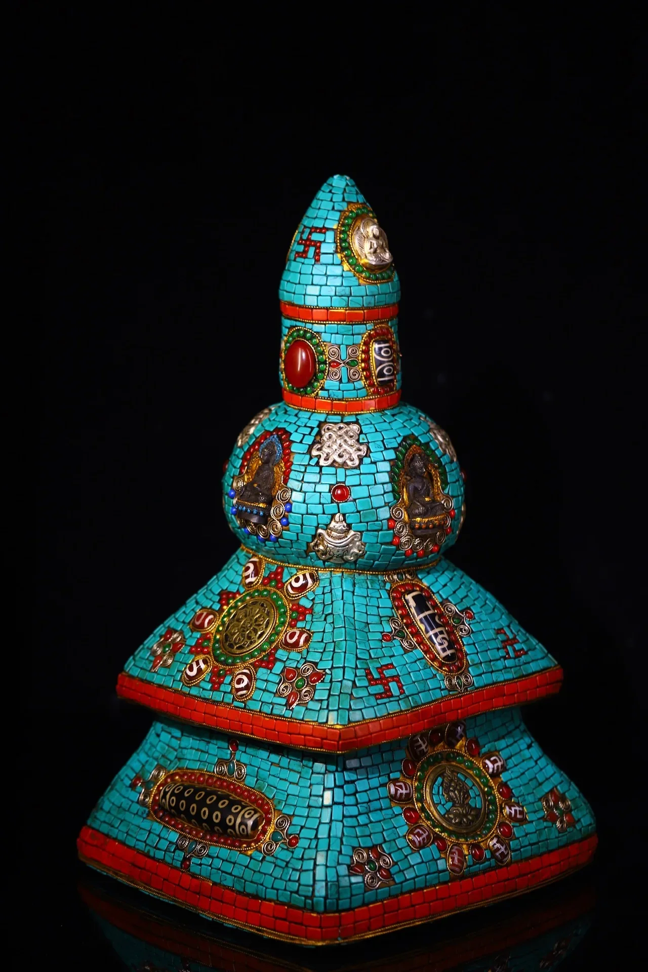 

14"Tibetan Temple Collection Old Natural Meteorite Mosaic Gem gZi Beads Turquoise Shakyamuni Buddha Pagoda Stupa Worship Hall