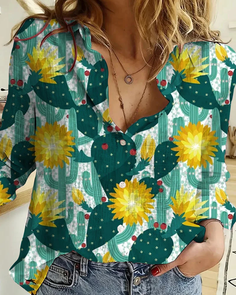 

Women's Long SleeveLapel Shirt Thin Shirt Cactus Print Design Holiday Breathable Comfortable Spring And Summer New Style