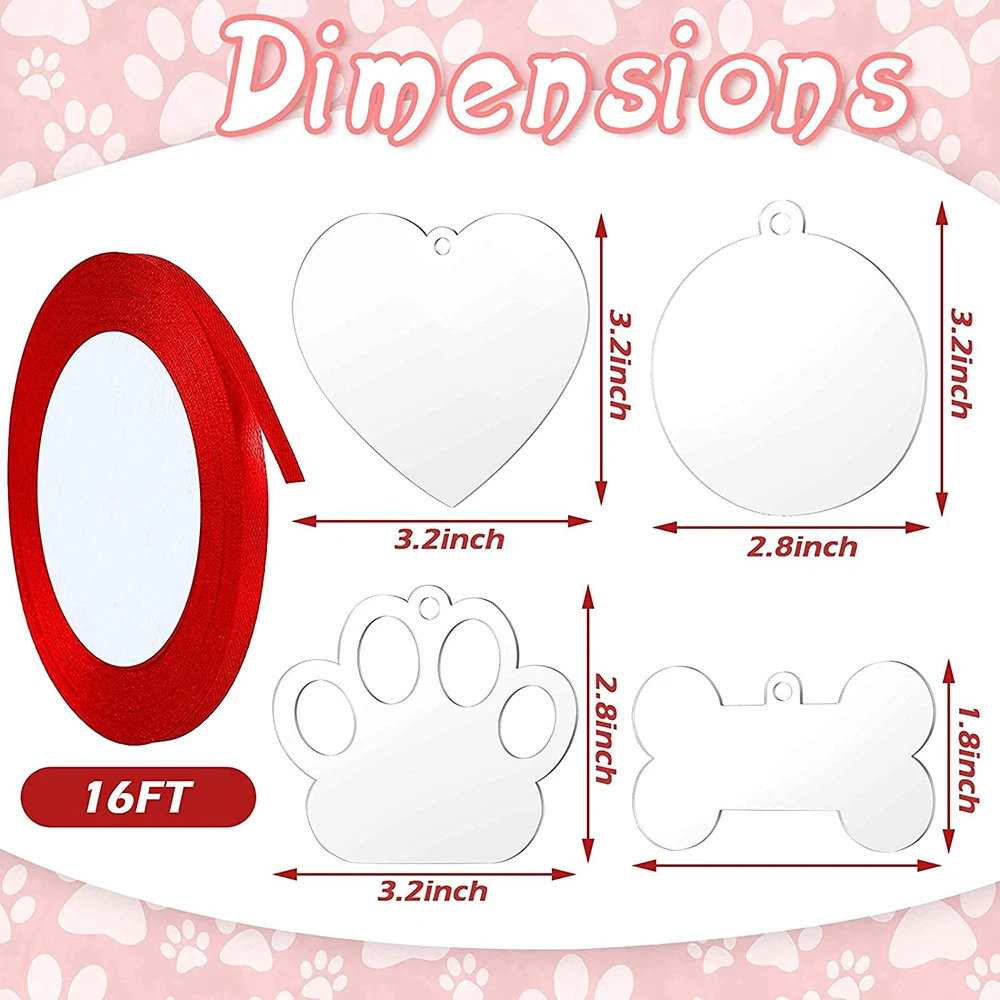 24PCS Christmas Acrylic Ornaments Blank Dog Paw Bone Ornaments Round Heart Blank with Ribbon for Christmas Tree DIY Draft