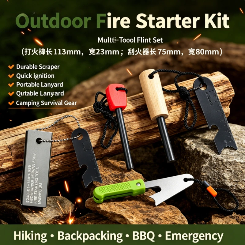 4-in-1 Heavy-Duty Fire Starter Bar, Large Solid Magnesium Flint with Bottle Opener Scraper Paracord, All-Weather Emergency Gear