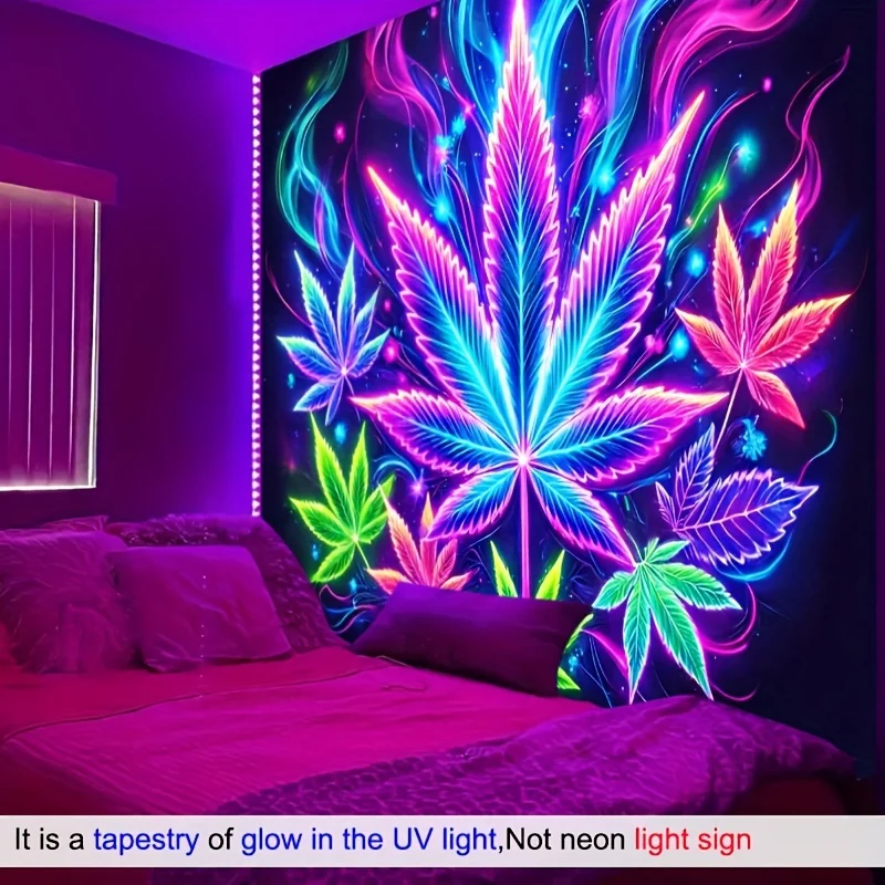 VIKAMA Reactive Neon Cannabis Leaf Tapestry Psychedelic Marijuana Wall Hanging for Blacklight Room Trippy Decor