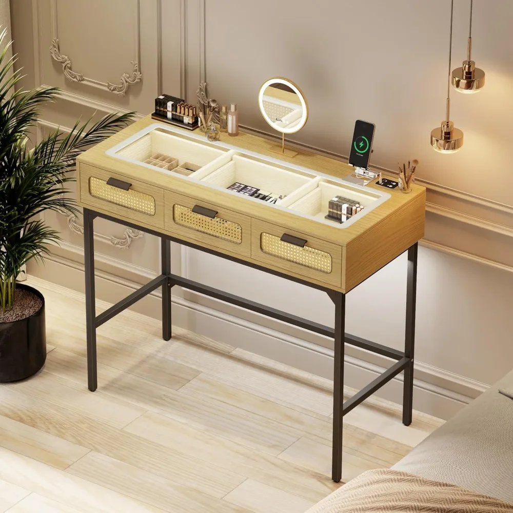 Dressing table with LED light, dressing table with glass top design and charging station, dressing table with rattan drawer