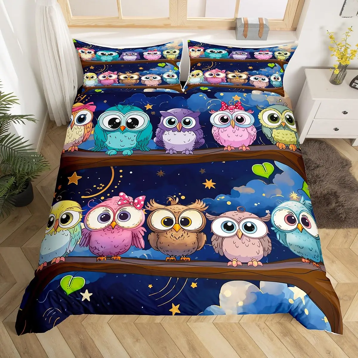 Cartoon Owl Bedding Set King Queen Cute Animal Starts Comforter Cover Outer Space Duvet Cover Kids Girls Bedroom Quilt Cover