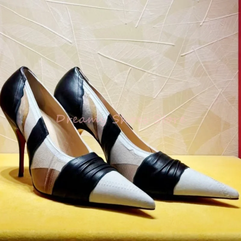 

Black White Striped Leather Pointed Stiletto Pumps Women Patchwork Riband Slip On High Heels Luxury Fashion Party Dress Shoes