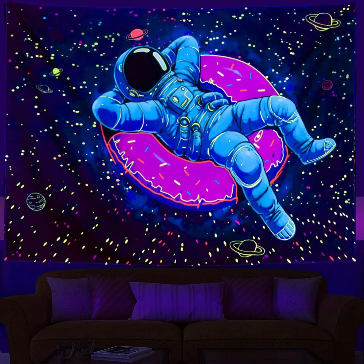 

Astronaut tapestry, black light ultraviolet active fun donut aesthetic wall hanging, cool Milky Way space starry sky tapestry