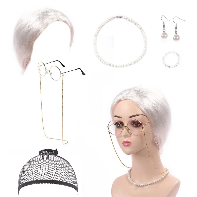 Old Lady Costume for Women Kids Girls 100th Day of School Dress Up Grandma Grey Wig Granny Glasses Halloween Cosplay Accessory