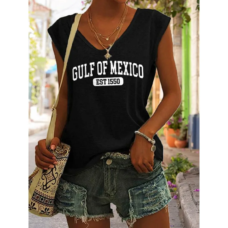 Women's V-neck Sleeveless Casual Vest Gulf of Mexico Print Summer Beach Vacation Top 2026 New