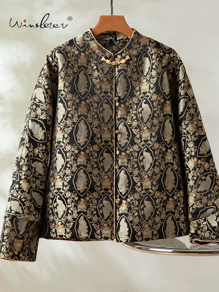 

Winsleter-100%Real Silk Song Brocade Elegant Coat, Stand Geometry, Women Retro Warm Loose Down Jacket, 2025 Winter New C5D906CC