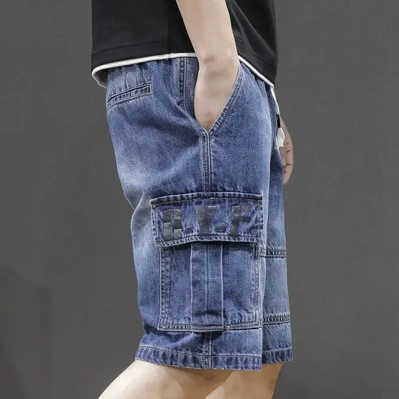 Male Denim Shorts Straight Baggy with Text Loose Men\'s Short Jeans Pants Wide Trend 2024 Summer Xxxl Sale Thin Cut Buttons Blue