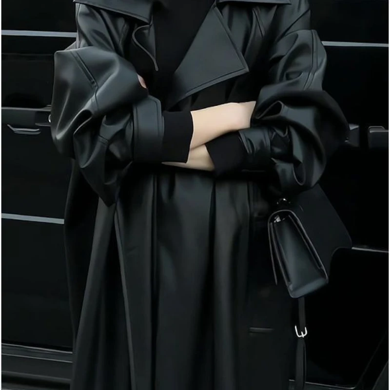 2025年秋ファッション ハイエンド 個性派 ラペル スリムフィット 膝丈 レザー ジャケット レディース